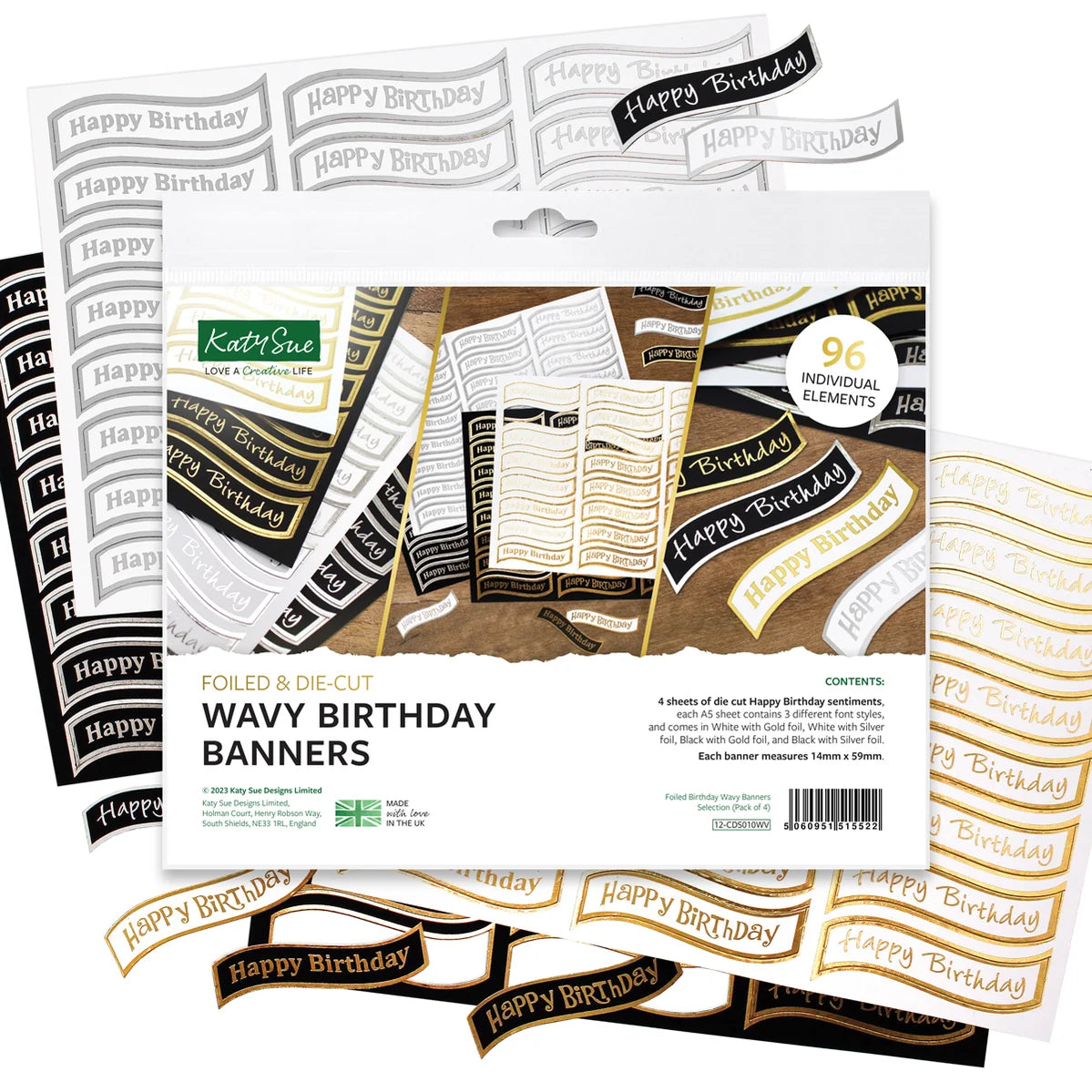 Foiled Birthday Wavy Banners Selection, 96 Sentiments