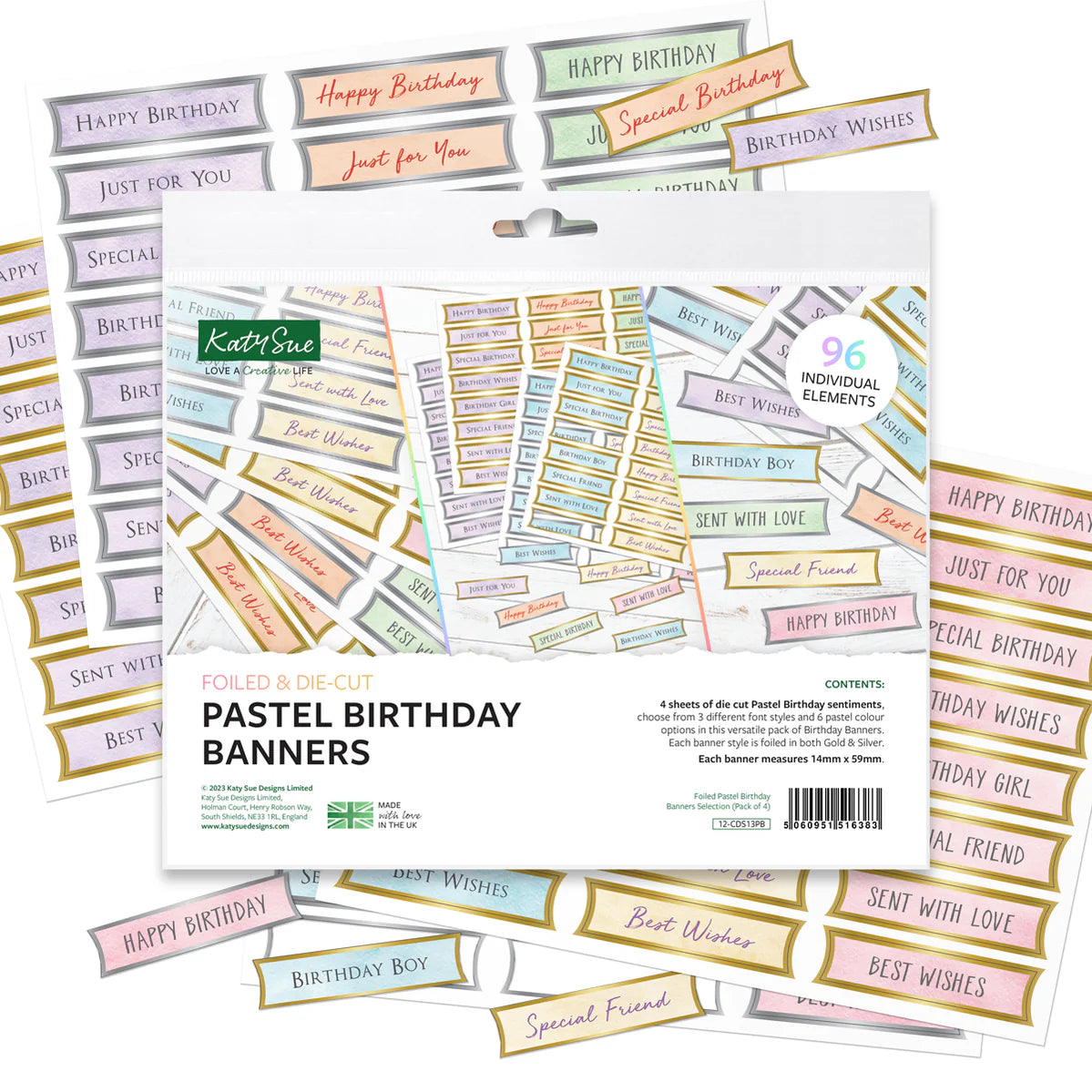 Foiled Pastel Birthday Banners Selection, 96 Sentiments