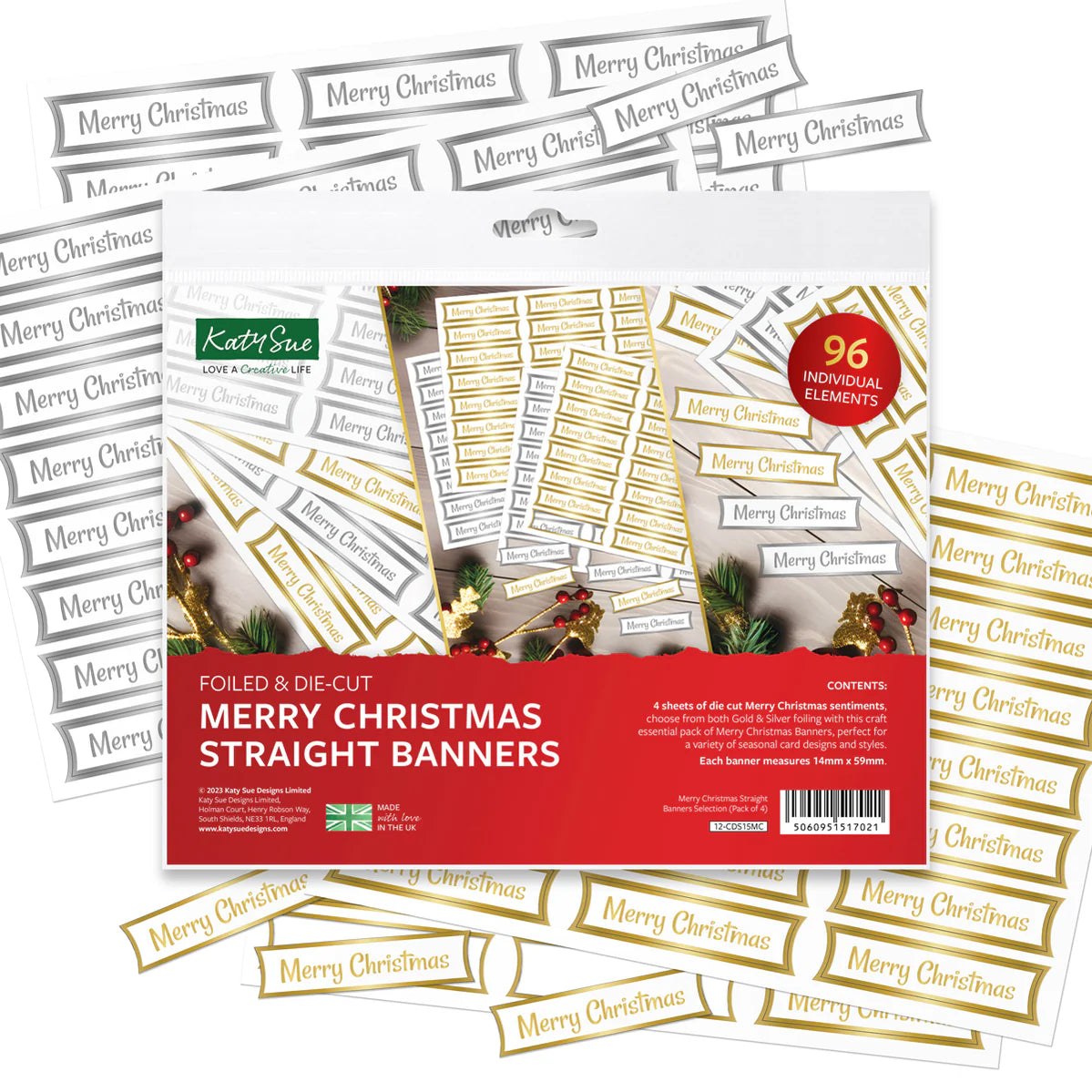 Foiled Merry Christmas Straight Banners Selection, 96 Sentiments