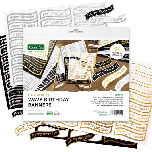 Foiled Birthday Wavy Banners Selection, 96 Sentiments